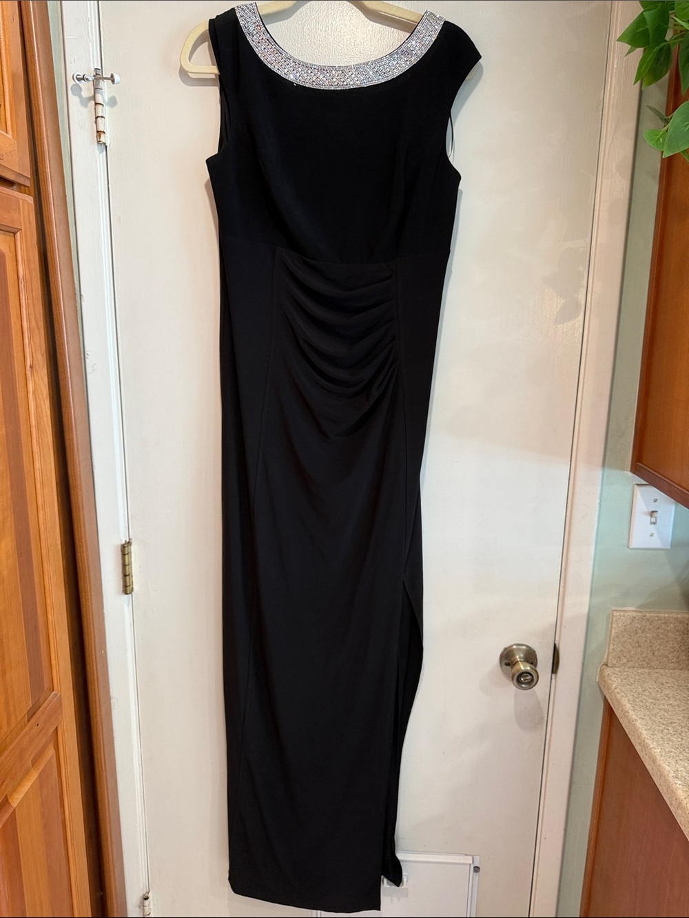 Alex Evenings Long Jersey Dress with Ruched Front and Embellished Neckline - 10
